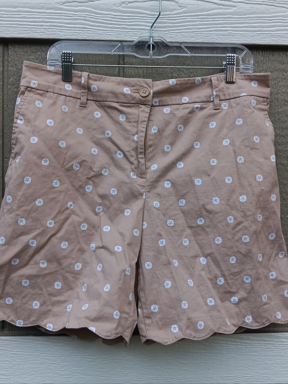 Talbots Tan Beige Shorts With White Sand Dollar Print And Scalloped Hem Size 14